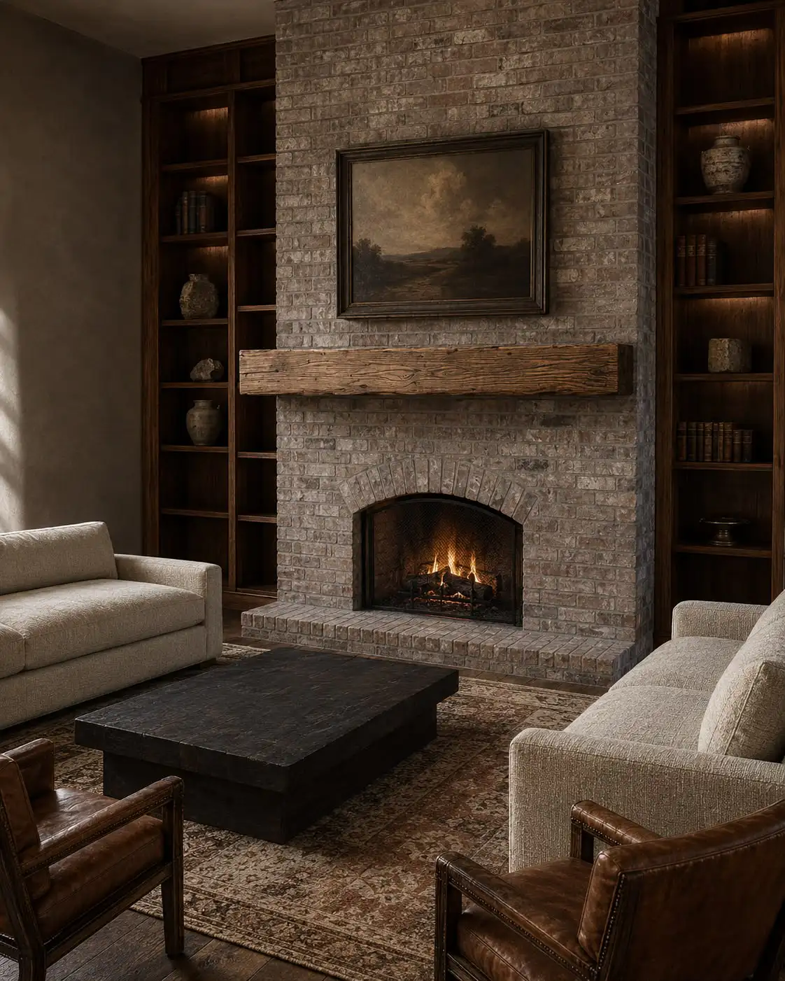 A hewn timber mantel on a stone chimney breast above a lit fire